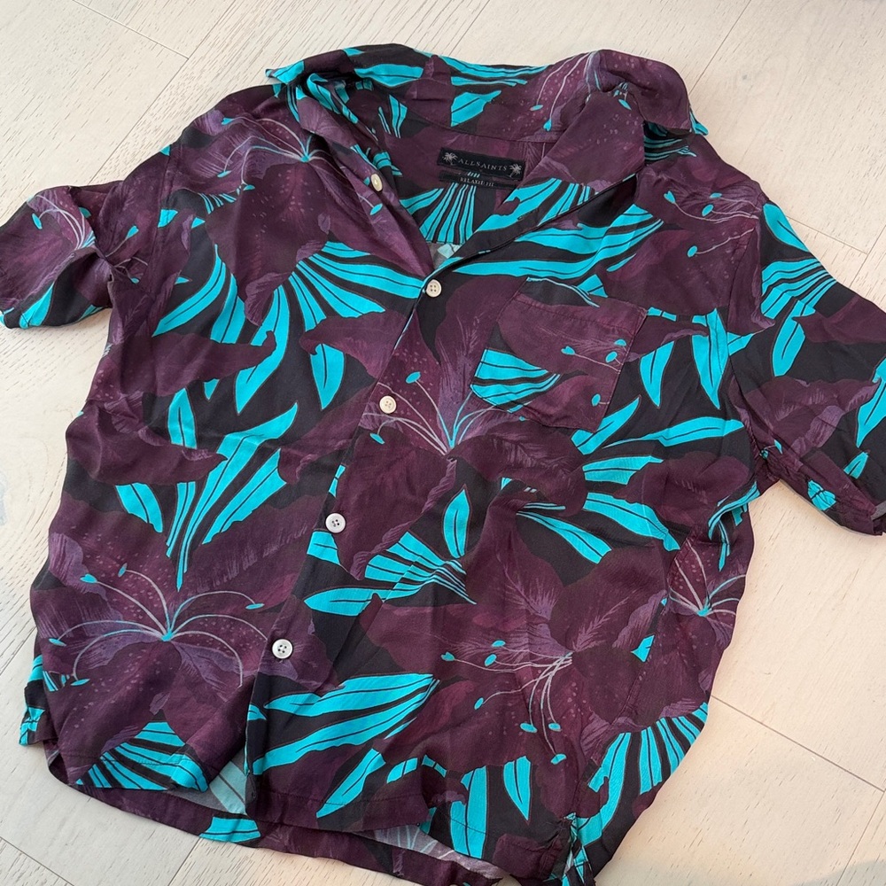 All Saints Teal and Purple Button Down - Relaxed Fit Small